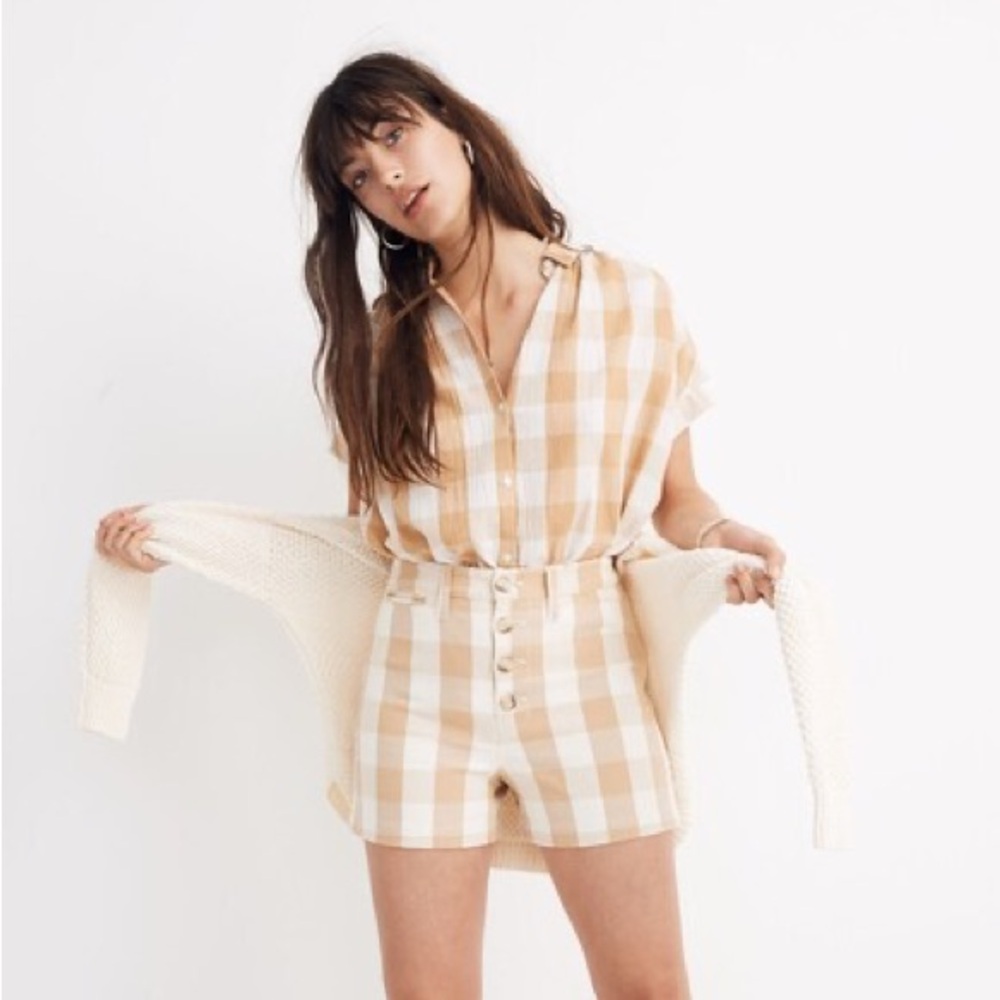 SOLD - Madewell Emmett Gingham Canvas Button Front Earthen Sand Checkered Shorts